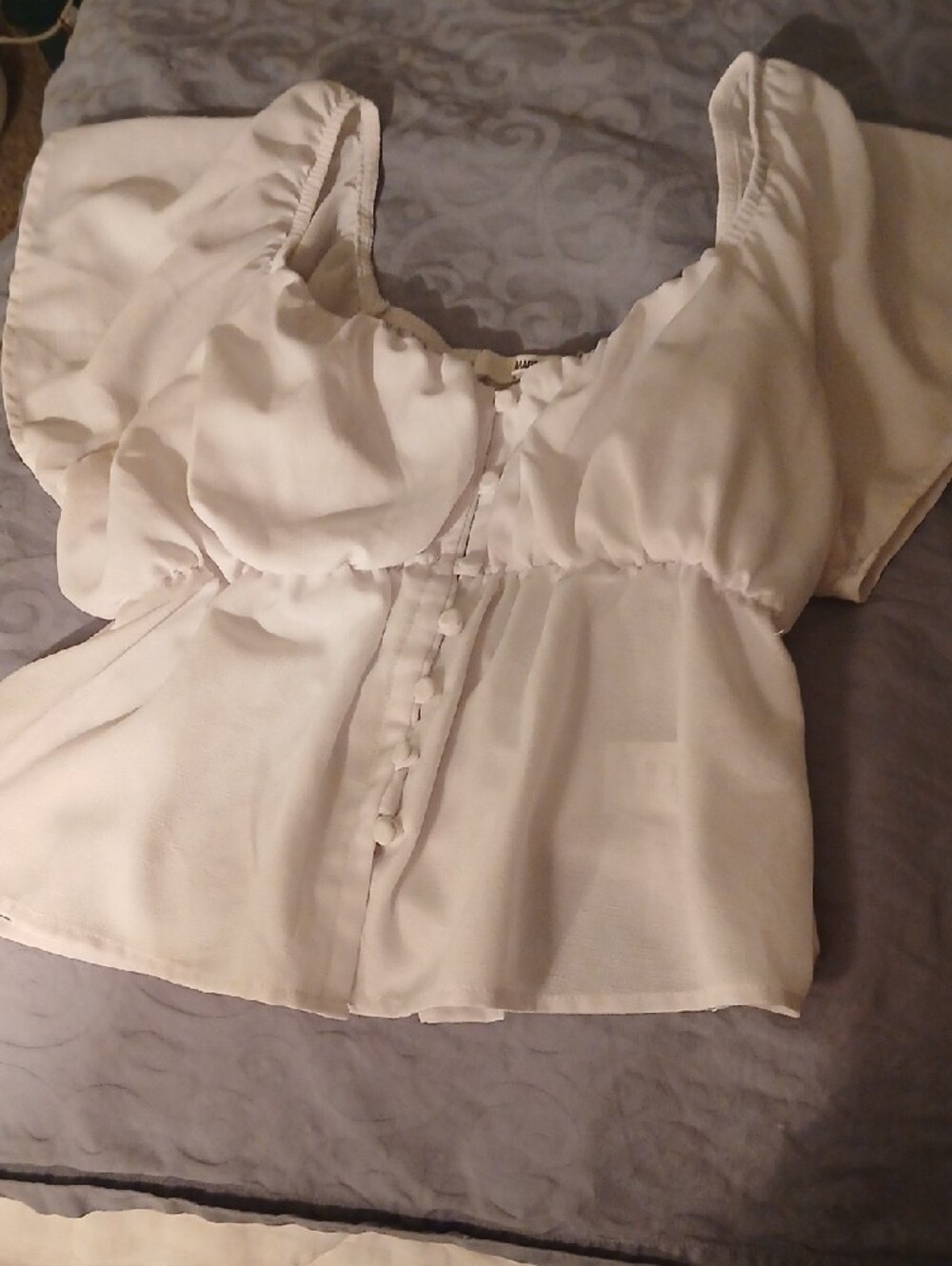 Madden NYC Ruffled Button Crop Blouse With Built In Padded Bra
